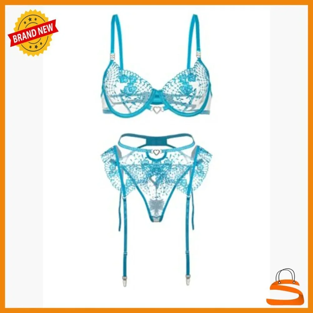 Small Lace Lingerie Set with Garter Belt, 3-Piece Floral Teddy